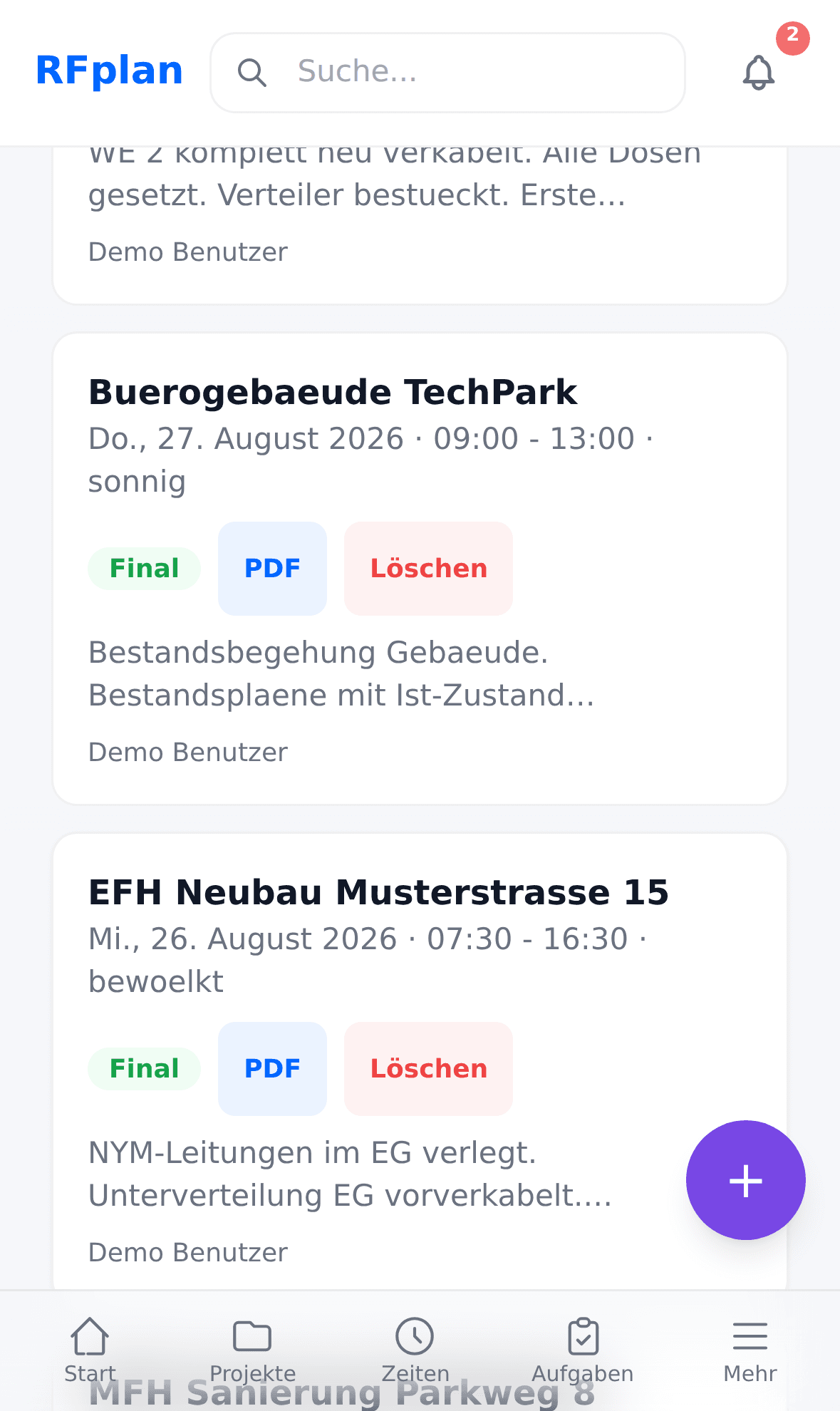 RFplan iOS-App: Tagesberichte des Bautagebuchs mit Fotos auf dem iPhone
