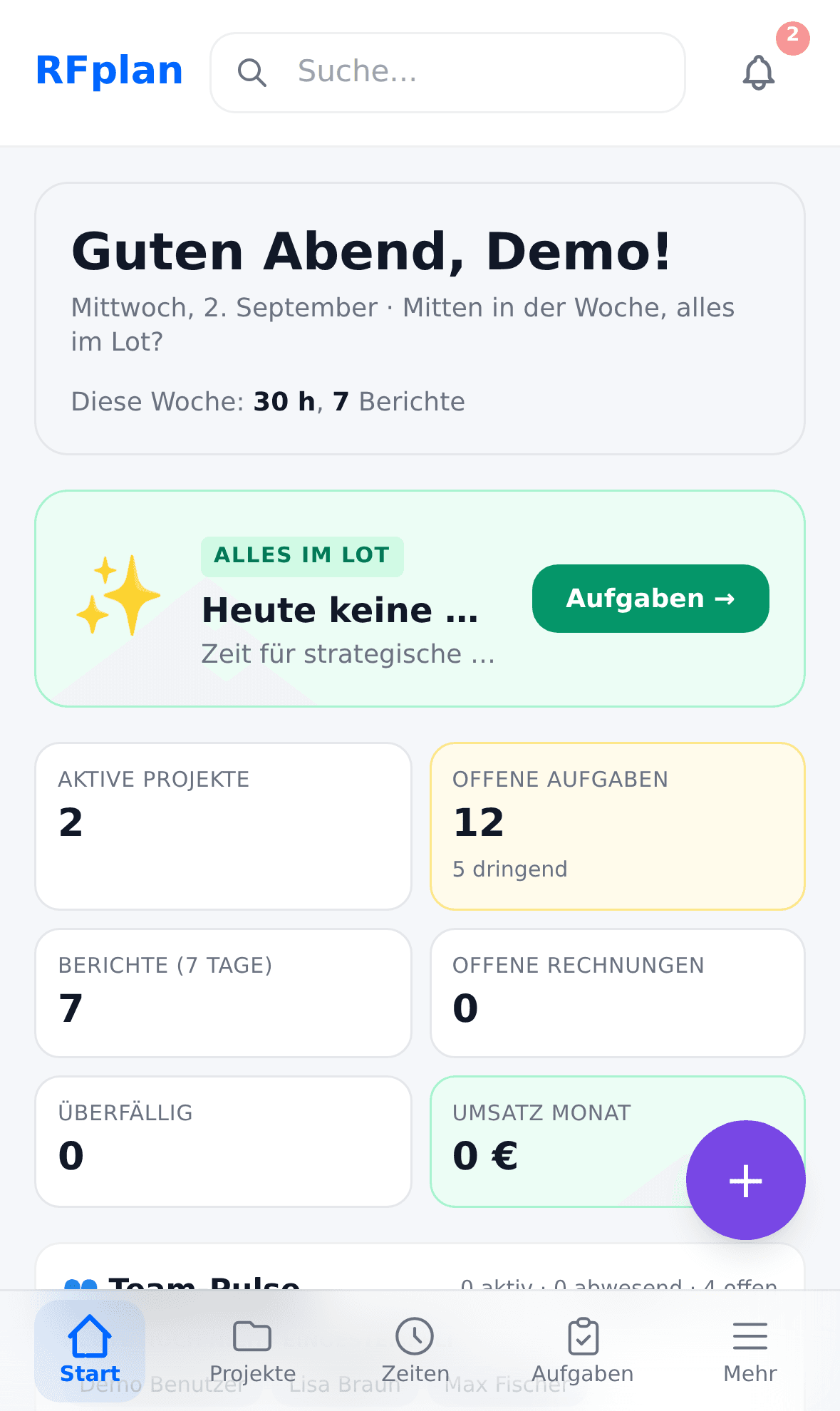 RFplan iOS-App: Cockpit mit heutigen Terminen, offenen Aufgaben und Mängeln auf dem iPhone
