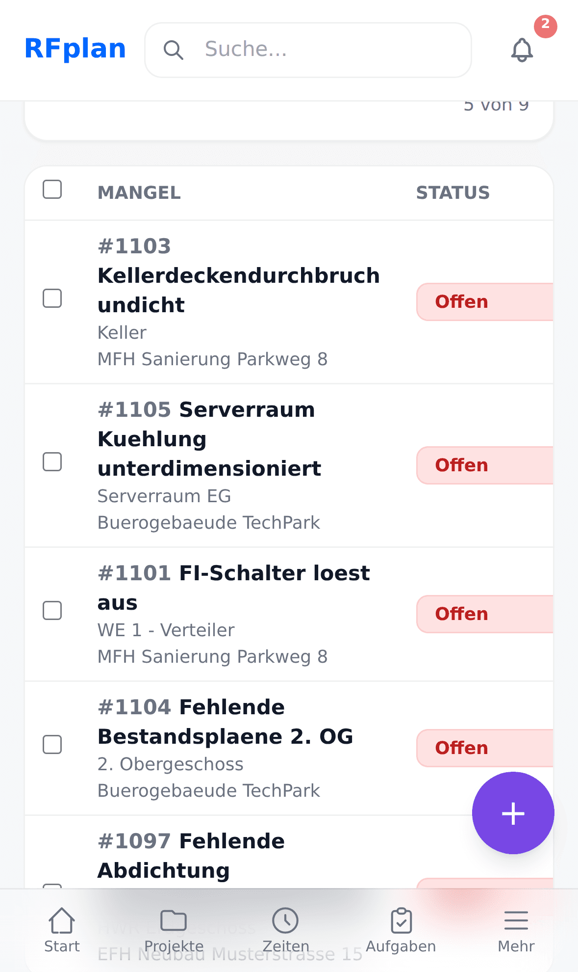 RFplan iOS-App: Mängelliste mit Fotos und Schweregrad auf dem iPhone