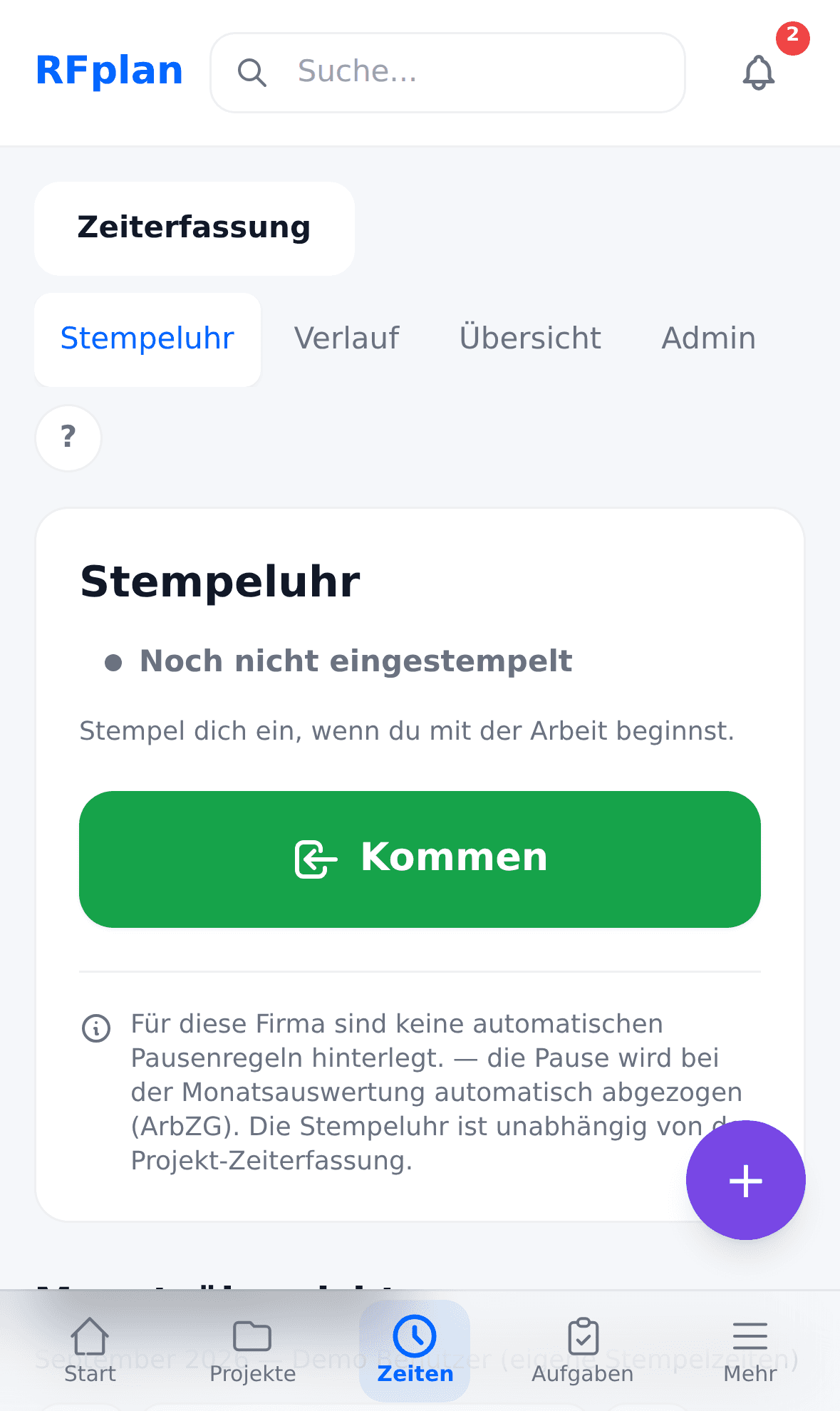 RFplan iOS-App: Zeiterfassung mit laufendem Timer und Tagesübersicht auf dem iPhone