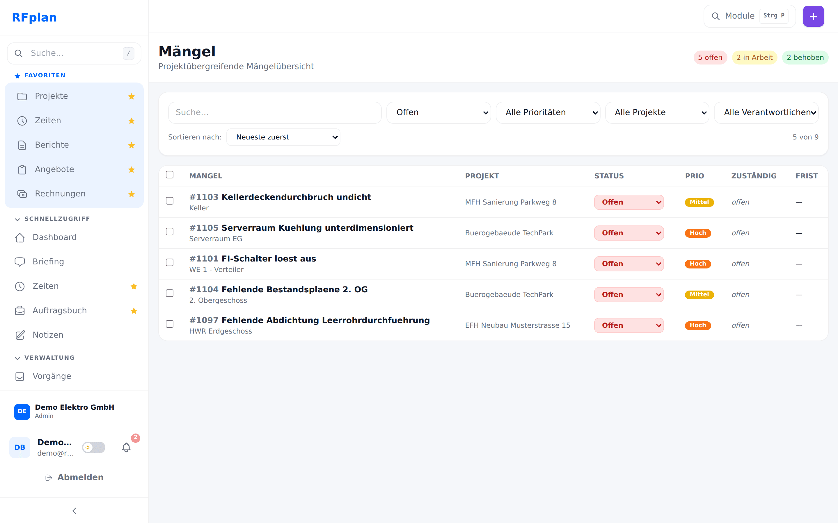 RFplan Mängelliste: Mängel mit Foto, Schweregrad, Status und Zuständigkeit