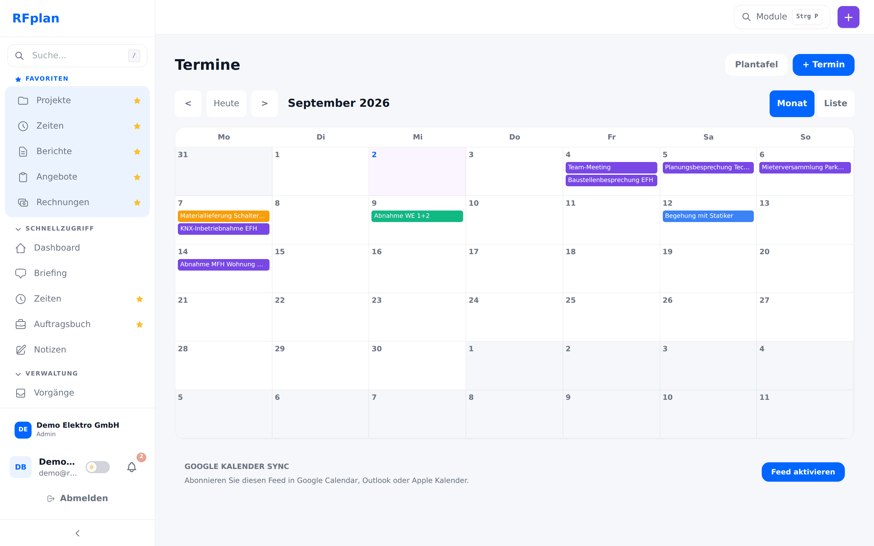 RFplan Plantafel im Browser: Wochenansicht mit Terminen und Einsätzen je Mitarbeiter