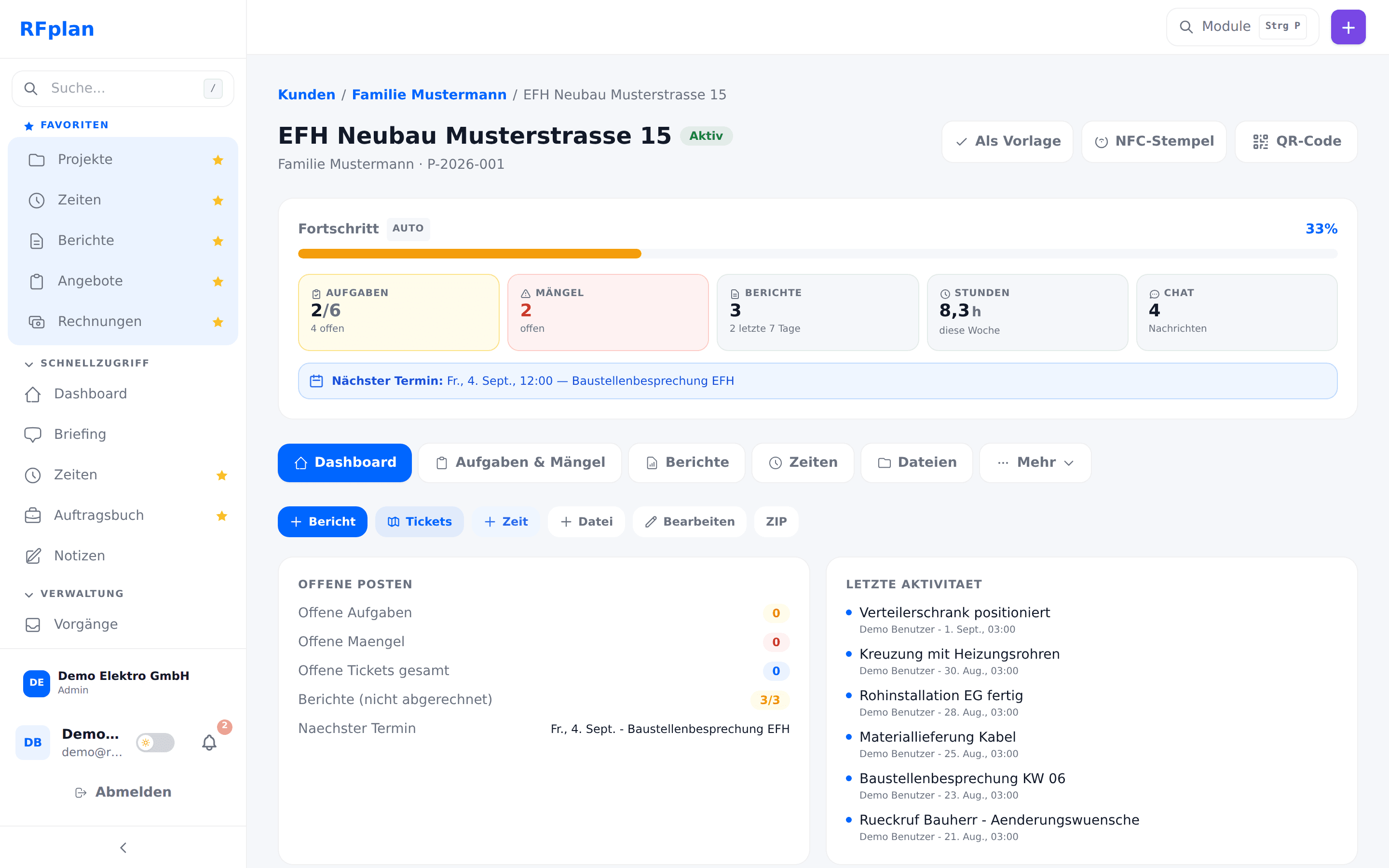 RFplan Projekt-Detail: Übersicht eines Bauprojekts mit Aufgaben, Dateien, Zeiten und Fortschritt